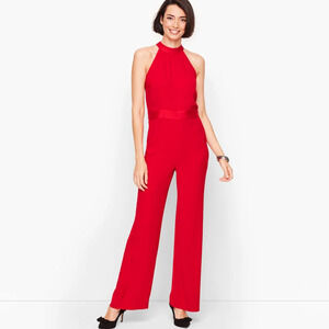 NWT Talbots Red Satin Crepe Halter Sleeveless Wide Leg Flowy Jumpsuit Size 6